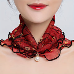 Floral Print Infinity Scarf with Faux Pearl Pendant
