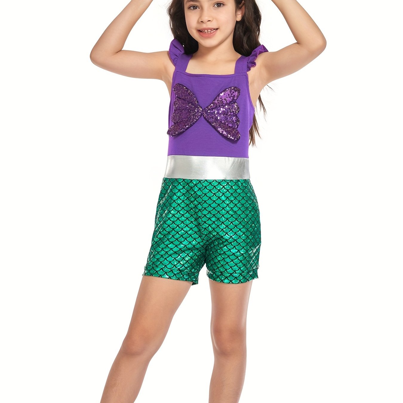Toddler Girls Ruffle Trim Sequin Bow Block Rompers Jumpsuits Cosplay Costume