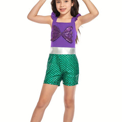 Toddler Girls Ruffle Trim Sequin Bow Block Rompers Jumpsuits Cosplay Costume