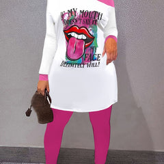 Women's Plus Lip Print One Shoulder Tee & Leggings Set