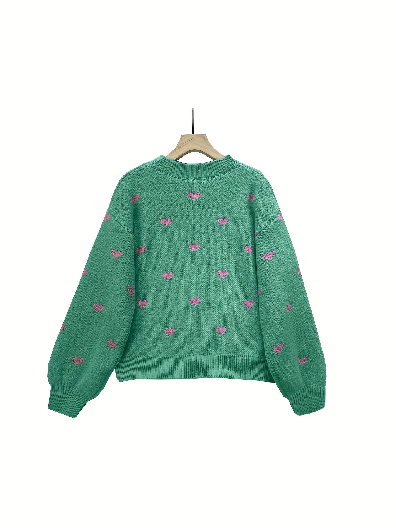 Heart Print Mock Neck Knit Sweater Casual Drop Shoulder Long Sleeve