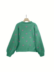 Heart Print Mock Neck Knit Sweater Casual Drop Shoulder Long Sleeve