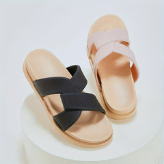 Women's Cross Strap Flat Slides Open Toe Solid Slip On Shoes