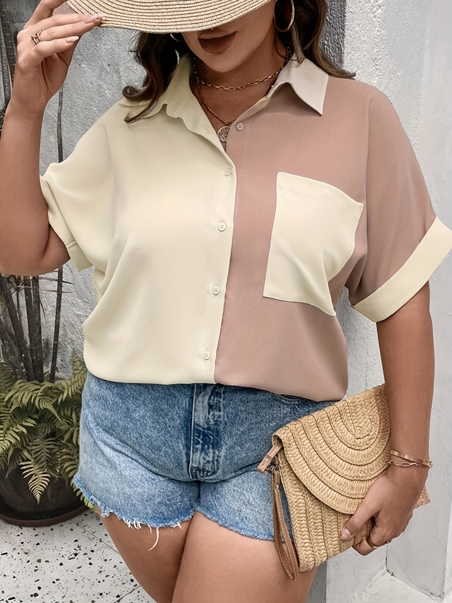 Colorblock Button Up Short Sleeve Blouse