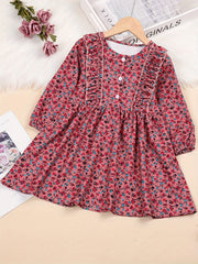 Girls' Corduroy Long Sleeve Floral Round Neck Dress