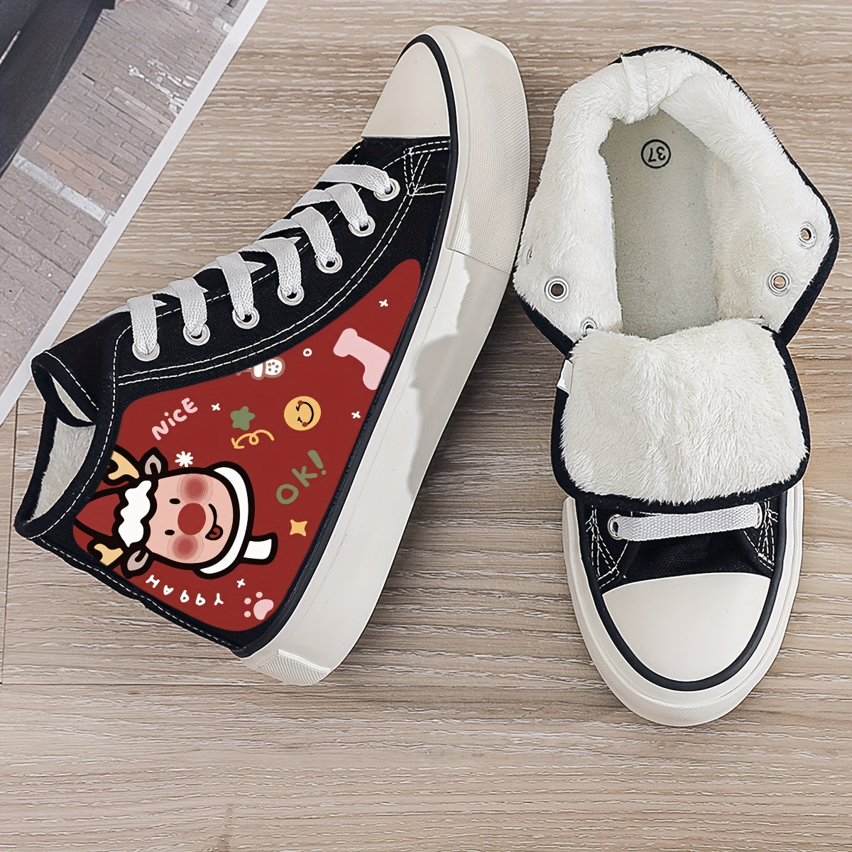 Christmas Reindeer Print Plush Lined Thermal Chunky Canvas Sneakers