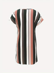 Striped Notched Neck Dress Short Sleeve Casual Dress