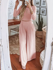 Solid Ribbed Crop Top & Wide Leg Pants Set