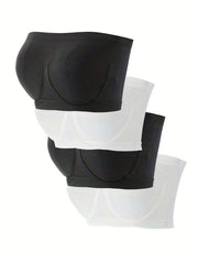 4 Pack Plus Size Basic Tube Bra Set Women's Plus Plain Ruched Comfy Wireless