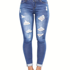 Ripped Holes Skinny Jeans Slim Fit Distressed Mid Stretch Casual Denim Pants