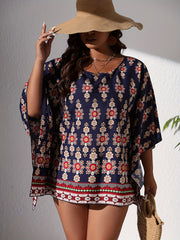 Boho Blouse Women's Plus Floral Print Bat Sleeve Round Neck Cover Up