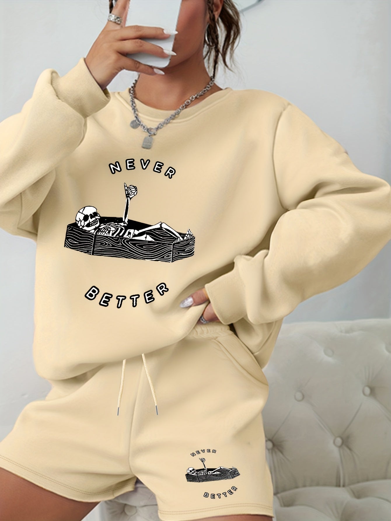 Halloween 2pcs Set Women's Plus Graphic Print Sweatshirt & Shorts