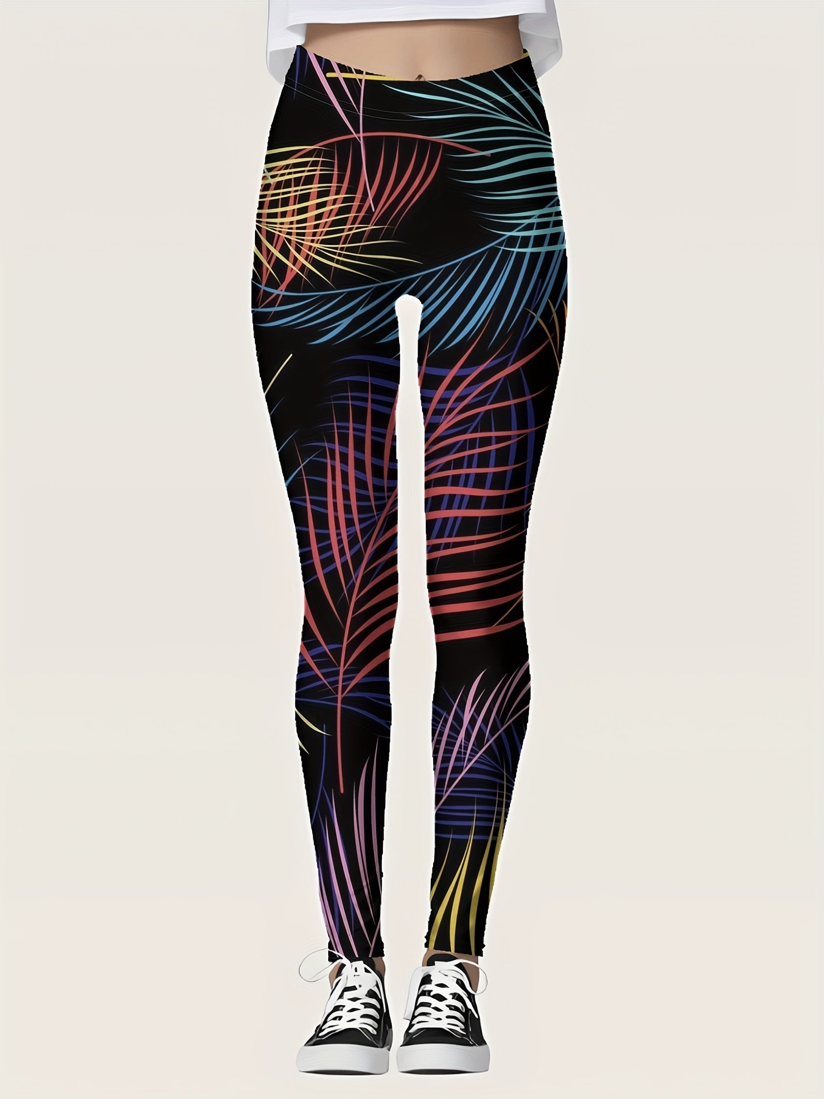 Leaf Print Elastic Waist Skinny Leggings Casual Every Stretchy Leggings