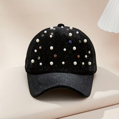 Faux Pearl Decor Baseball Cap Rhinestone Corduroy Sun Hat Lightweight