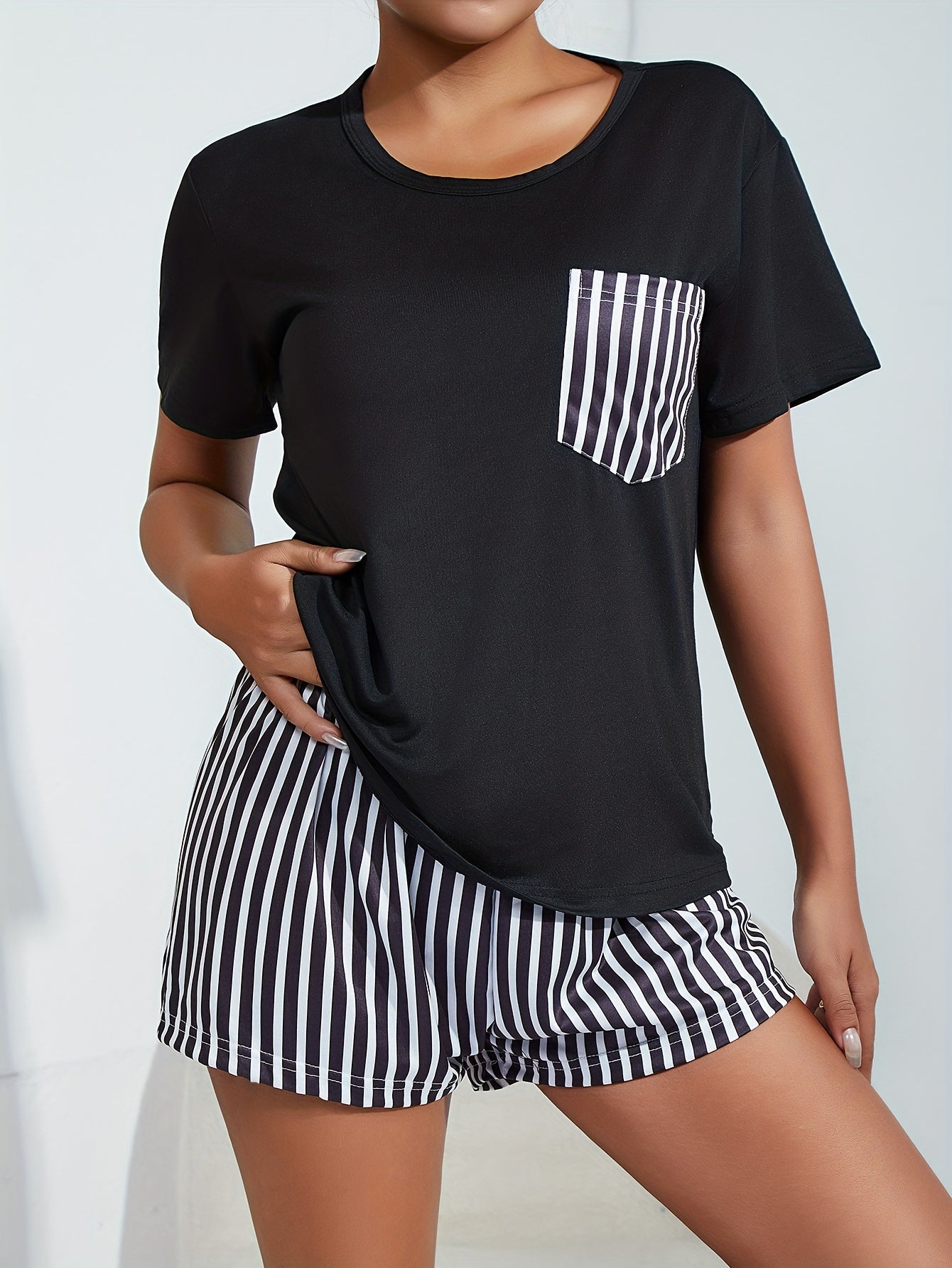 Striped Lounge Set Short Sleeve Top & Shorts Women's Loungewear