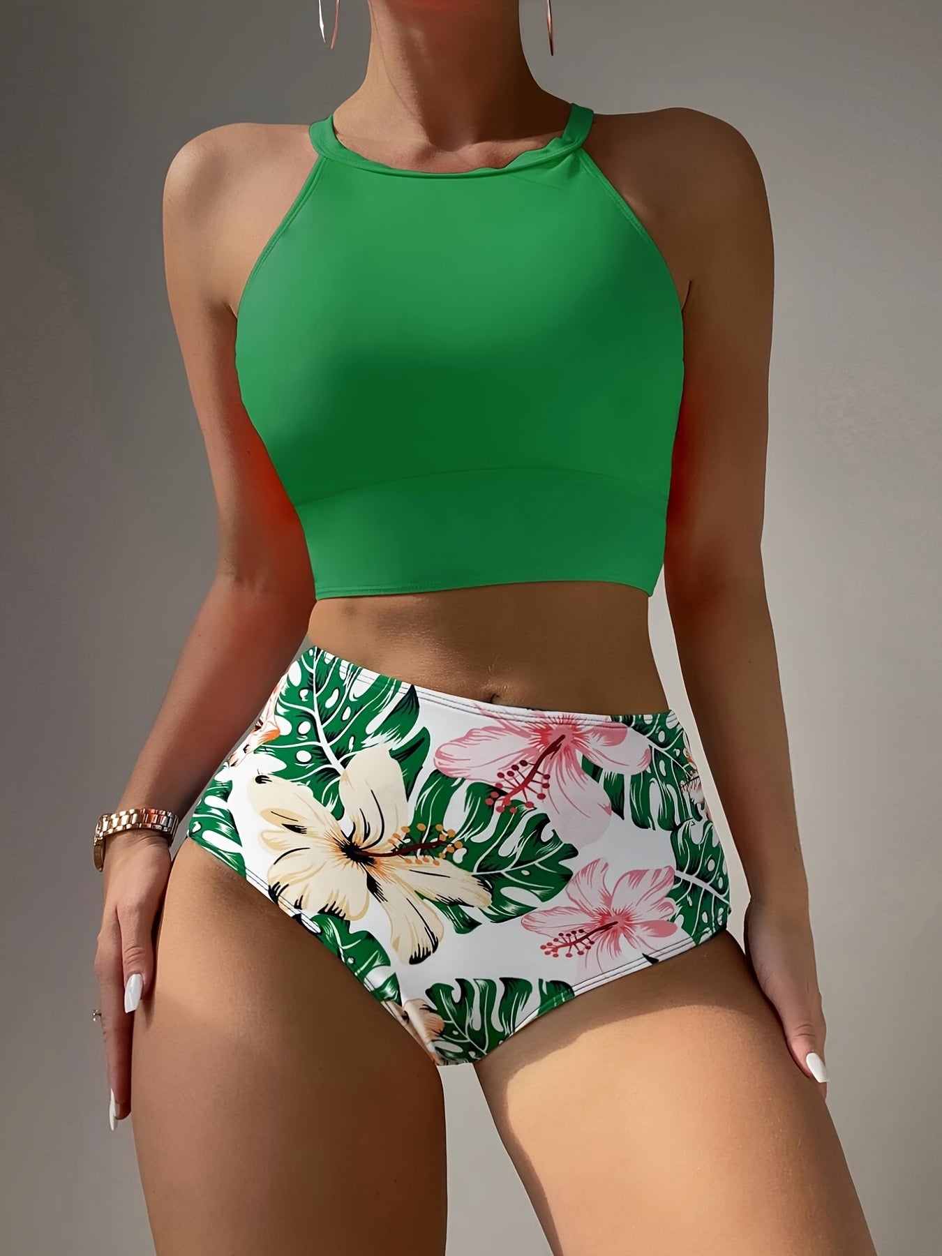 Colorblock Tropical Print Bikini Sets Round Neck High Waist Two Pieces Swimsuit