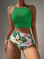 Colorblock Tropical Print Bikini Sets Round Neck High Waist Two Pieces Swimsuit