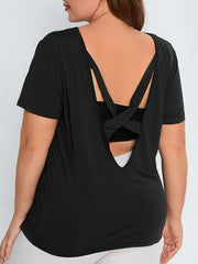 Sports Top Women's Plus Solid Short Sleeve Round Neck Cut Out