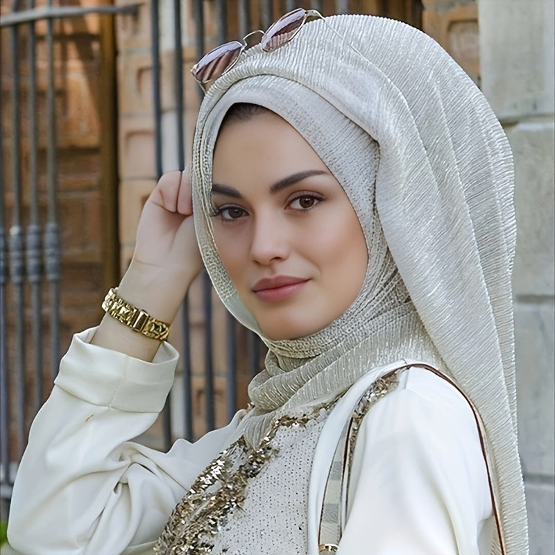 Pleated Sparkly Head Wrap Hijab Women Casual Scarf