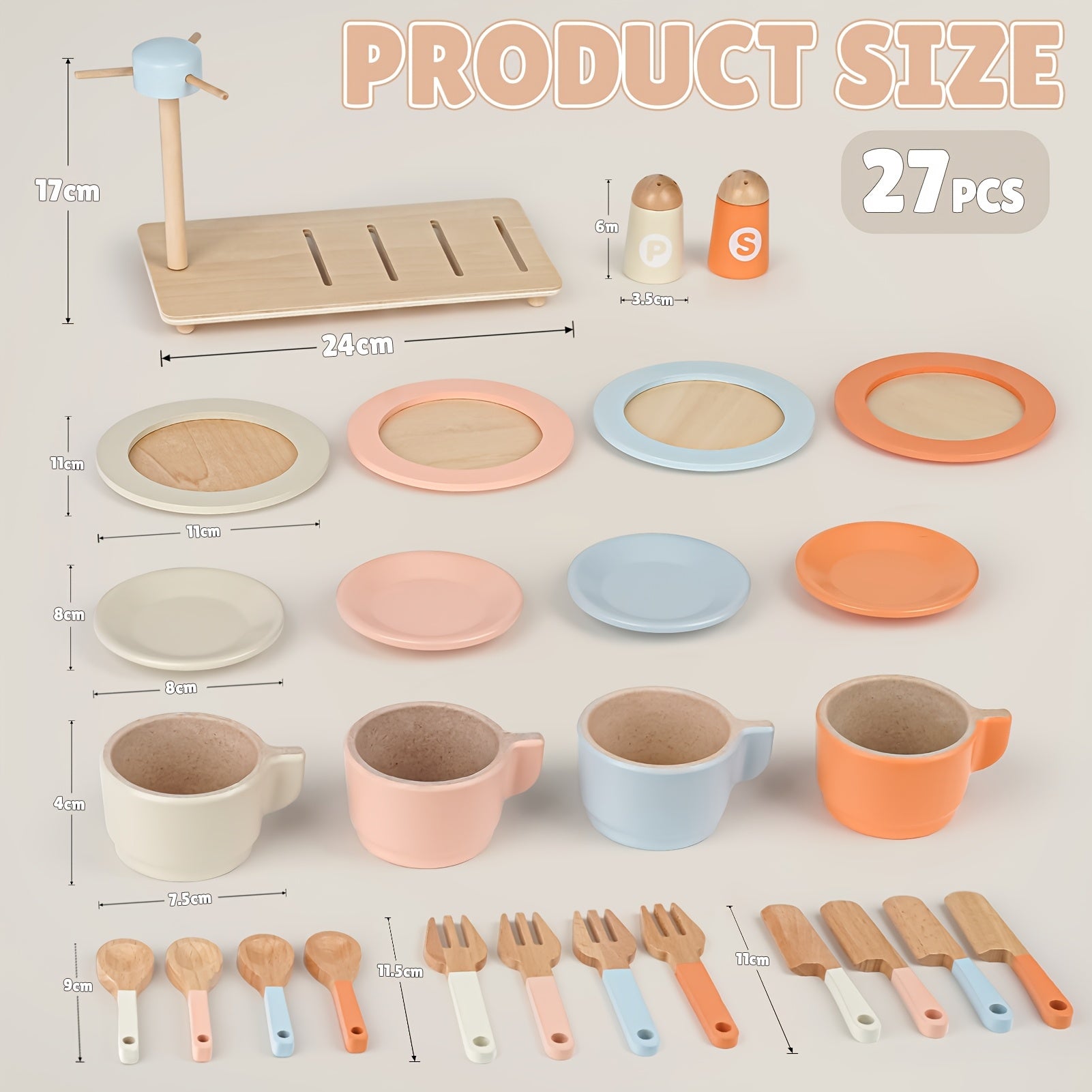 27pcs Wooden Tea Set Toy Kitchen Accessories
