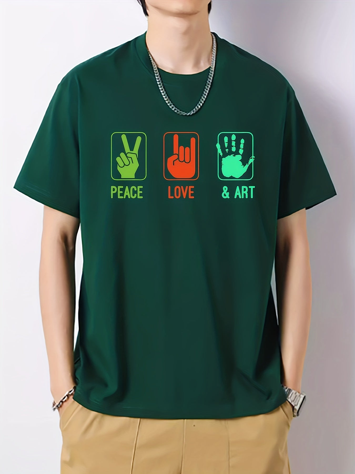 Peace Love Art Print Men's Cotton Graphic Crew Neck T-shirt