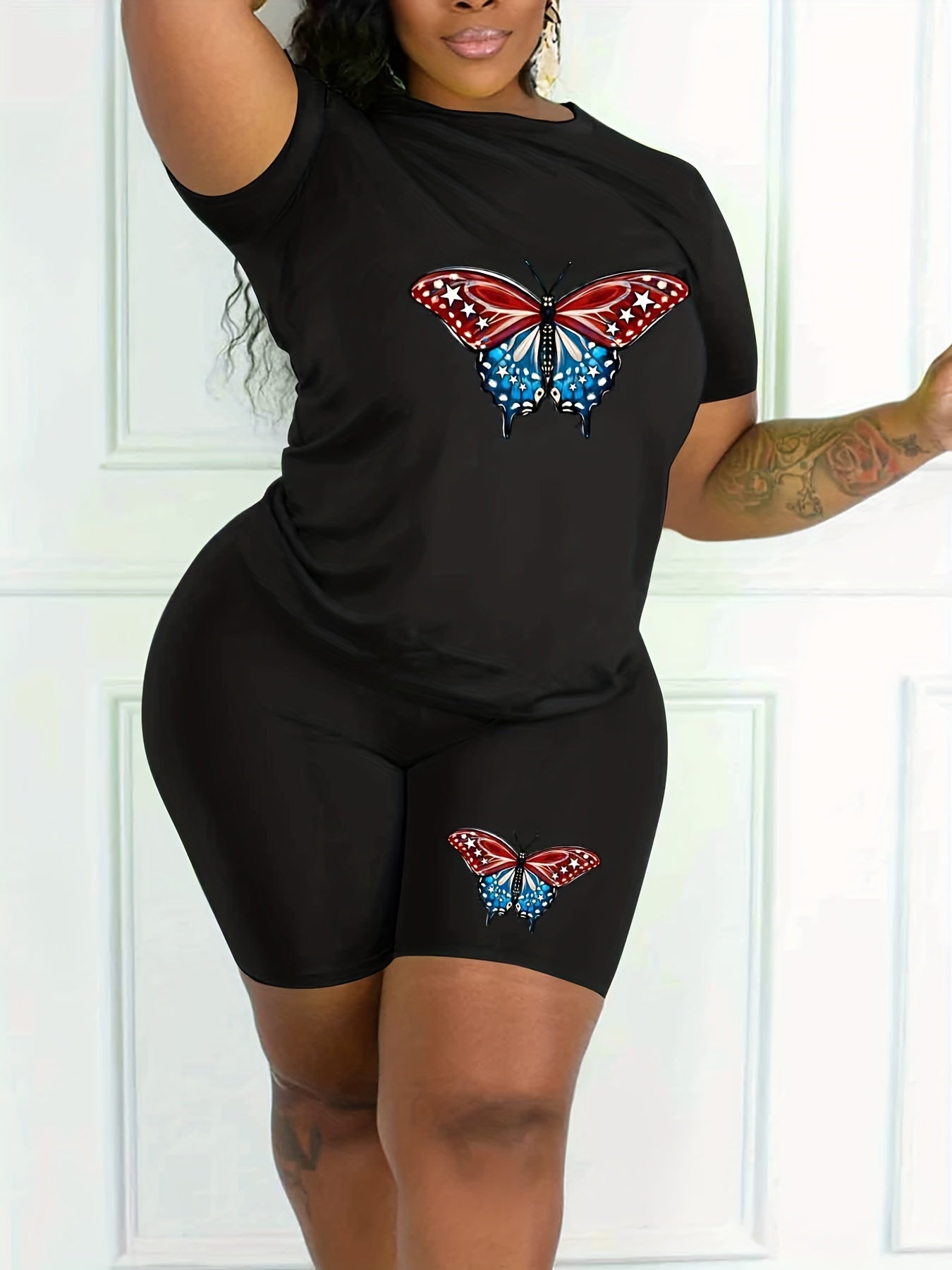 Women's Plus Butterfly Print Top & Shorts 2 Piece Set