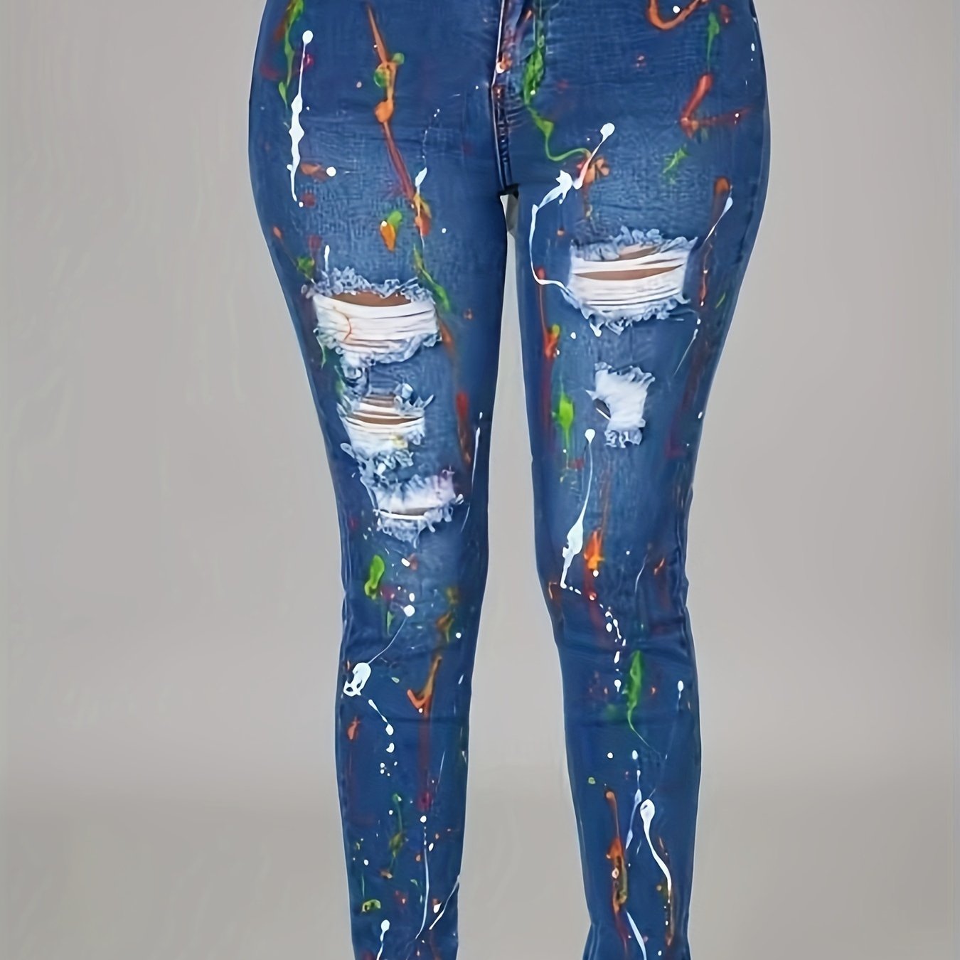 Women's Plus Graffiti Print Ripped Button Fly High Rise Skinny Jeans