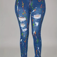 Women's Plus Graffiti Print Ripped Button Fly High Rise Skinny Jeans