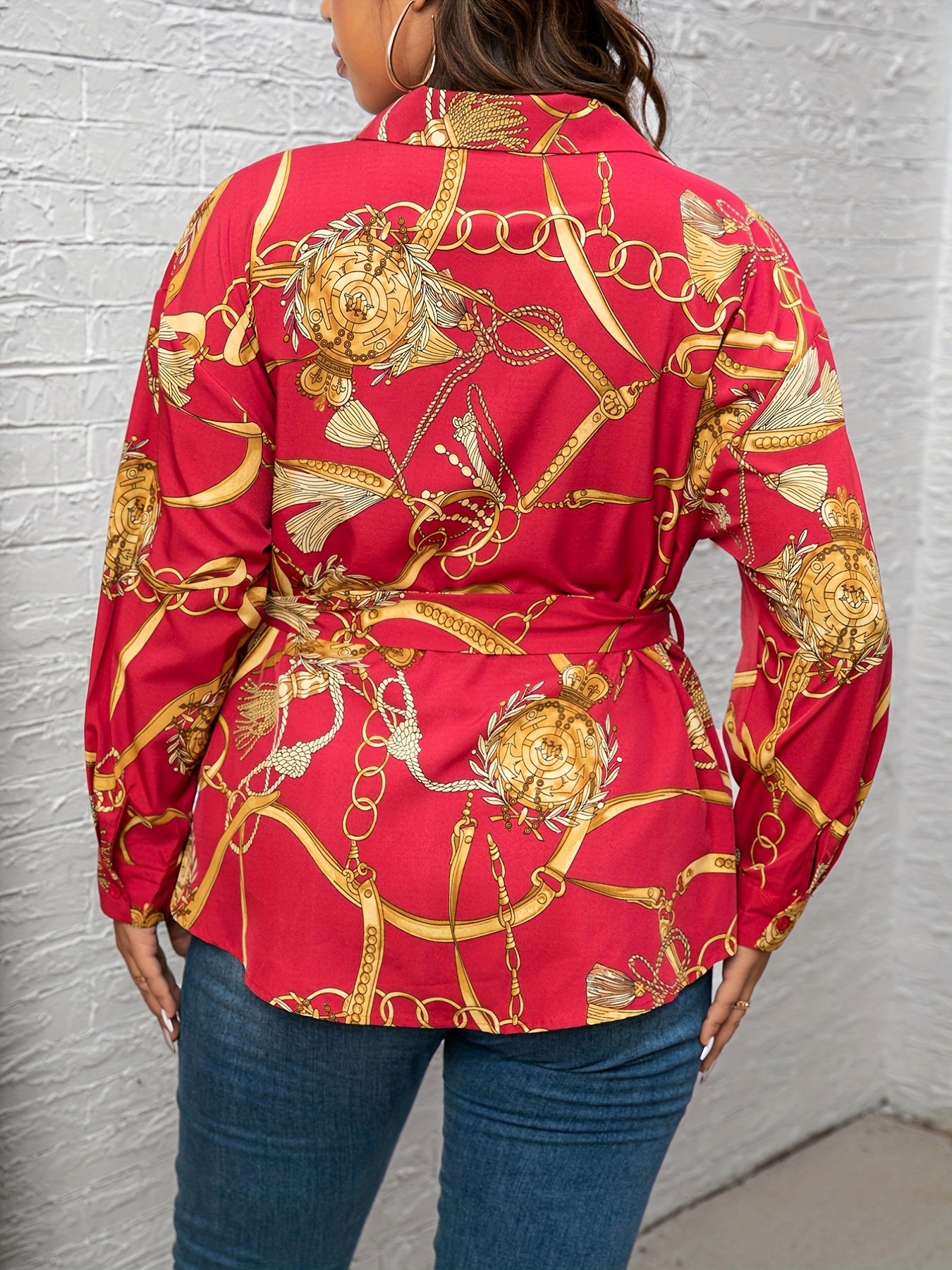 Chain Print Button Up Belted Blouse