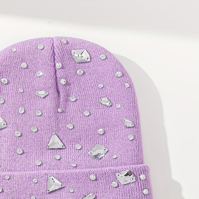 Purple Rhinestone Decor Beanie Knit Hat