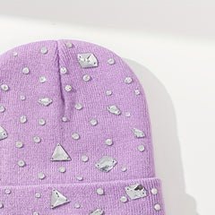 Purple Rhinestone Decor Beanie Knit Hat