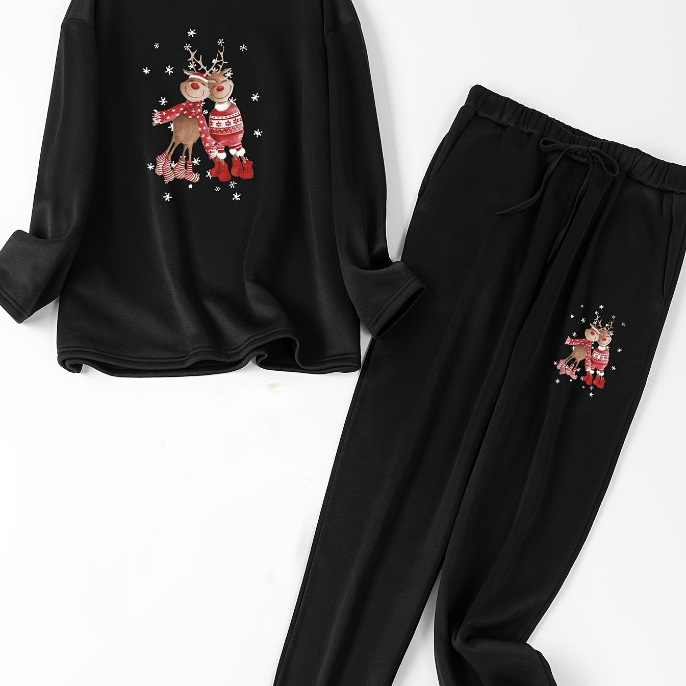 Elk & Snowflake Print Fleece Top & Joggers Pajamas Set