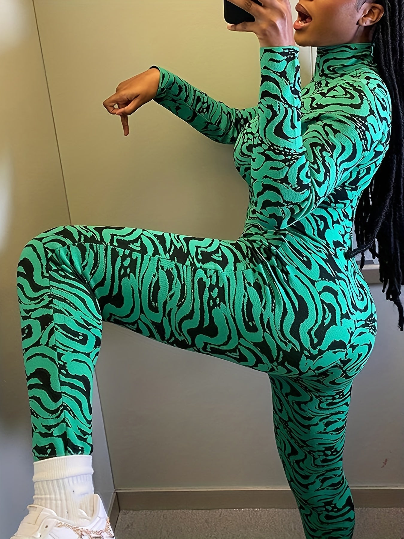Turtleneck Jumpsuit Long Sleeve Allover Print Casual
