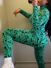 Turtleneck Jumpsuit Long Sleeve Allover Print Casual