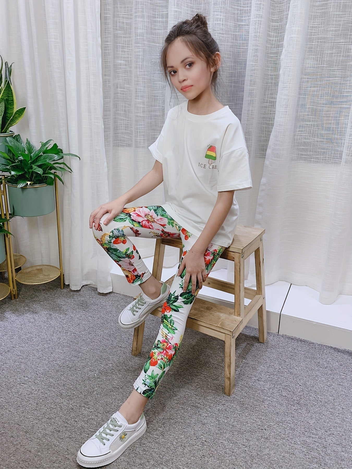 Girls' Floral Print Leggings Pants - Thin & Breathable for Summer