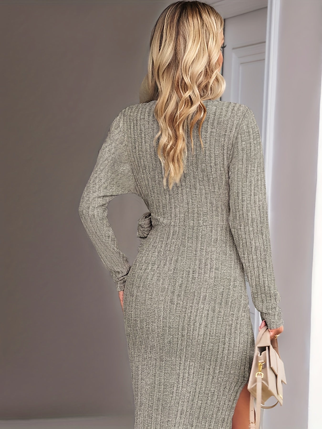 Solid Long Sleeve Surplice Neck Belted Dress