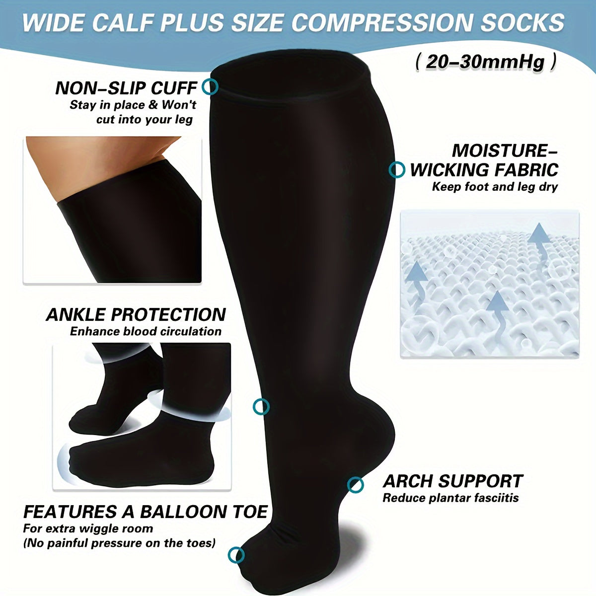 3 Pairs Plus Size Compression Socks 15-20 mmHg Wide Calf for Women & Men
