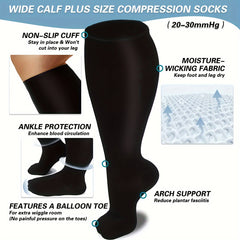 3 Pairs Plus Size Compression Socks 15-20 mmHg Wide Calf for Women & Men