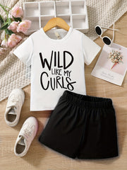 2pcs Girls 'Wild Like My Curls' Tee Elastic Shorts Outfit
