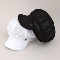Solid Beret Flower Embroidery Hollow Knitted Newsboy Hat