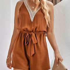 Casual Colorblock Lace V Neck Romper With Pockets & Belt