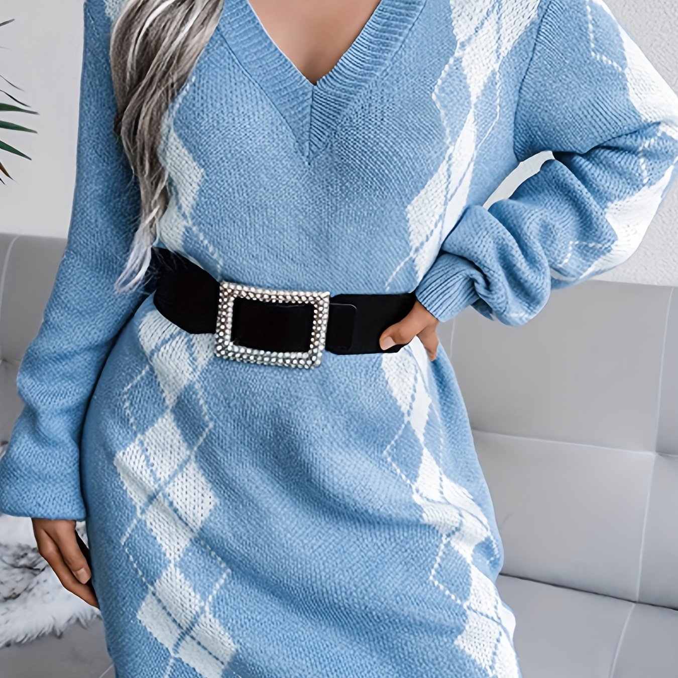 Argyle Print Casual Sweater Dress Long Sleeve V Neck