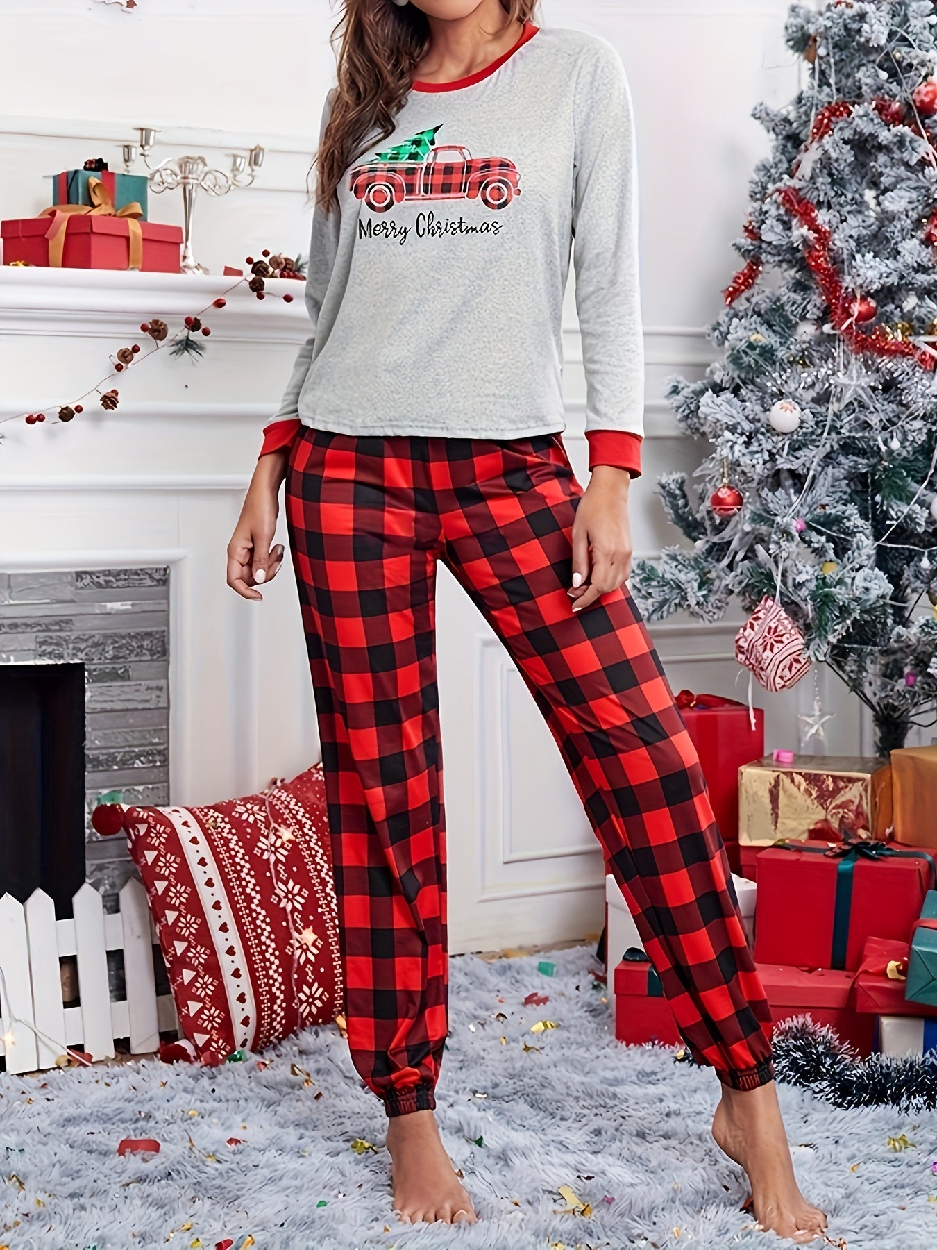 Plaid Print Christmas Pajama Set Long Sleeve Top & Pants Women's Sleepwear