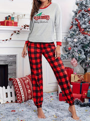 Plaid Print Christmas Pajama Set Long Sleeve Top & Pants Women's Sleepwear
