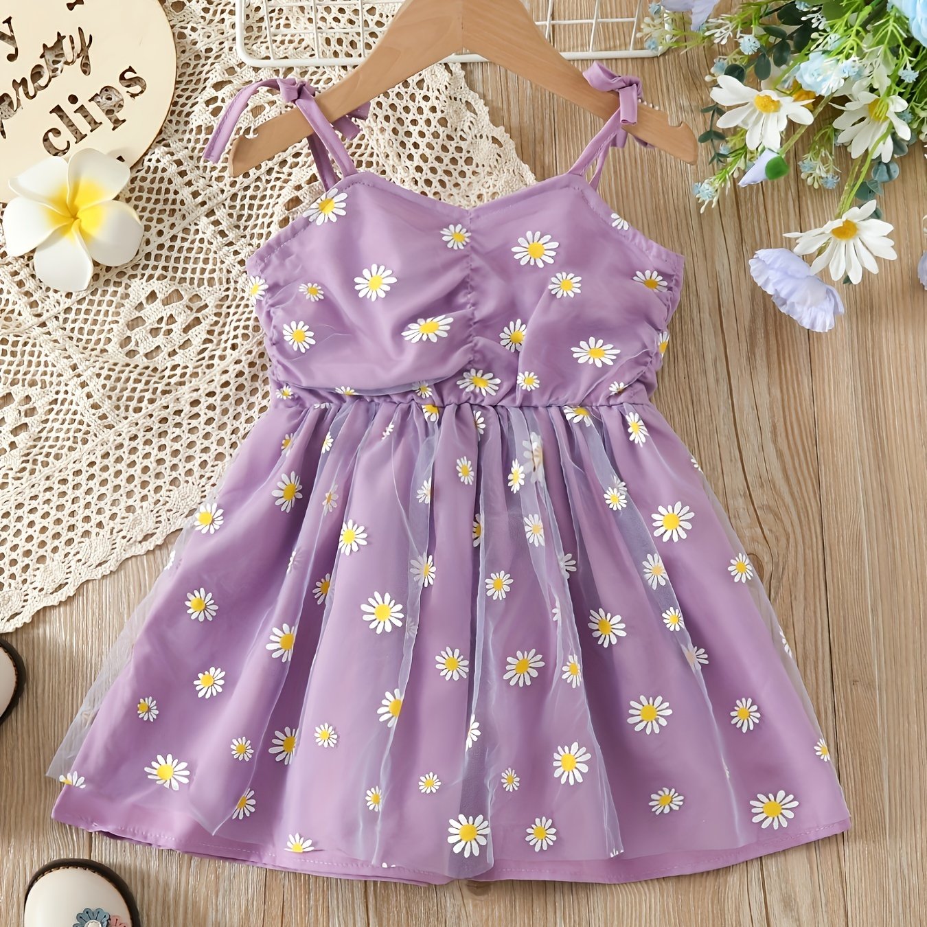 Girls Daisy Print Cami Dress With Tulle - Party Holiday Outfit