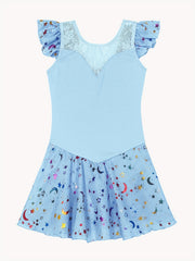 Girls Star Graphic High Stretch Ruffled Sleeve Ballet Dance Dress