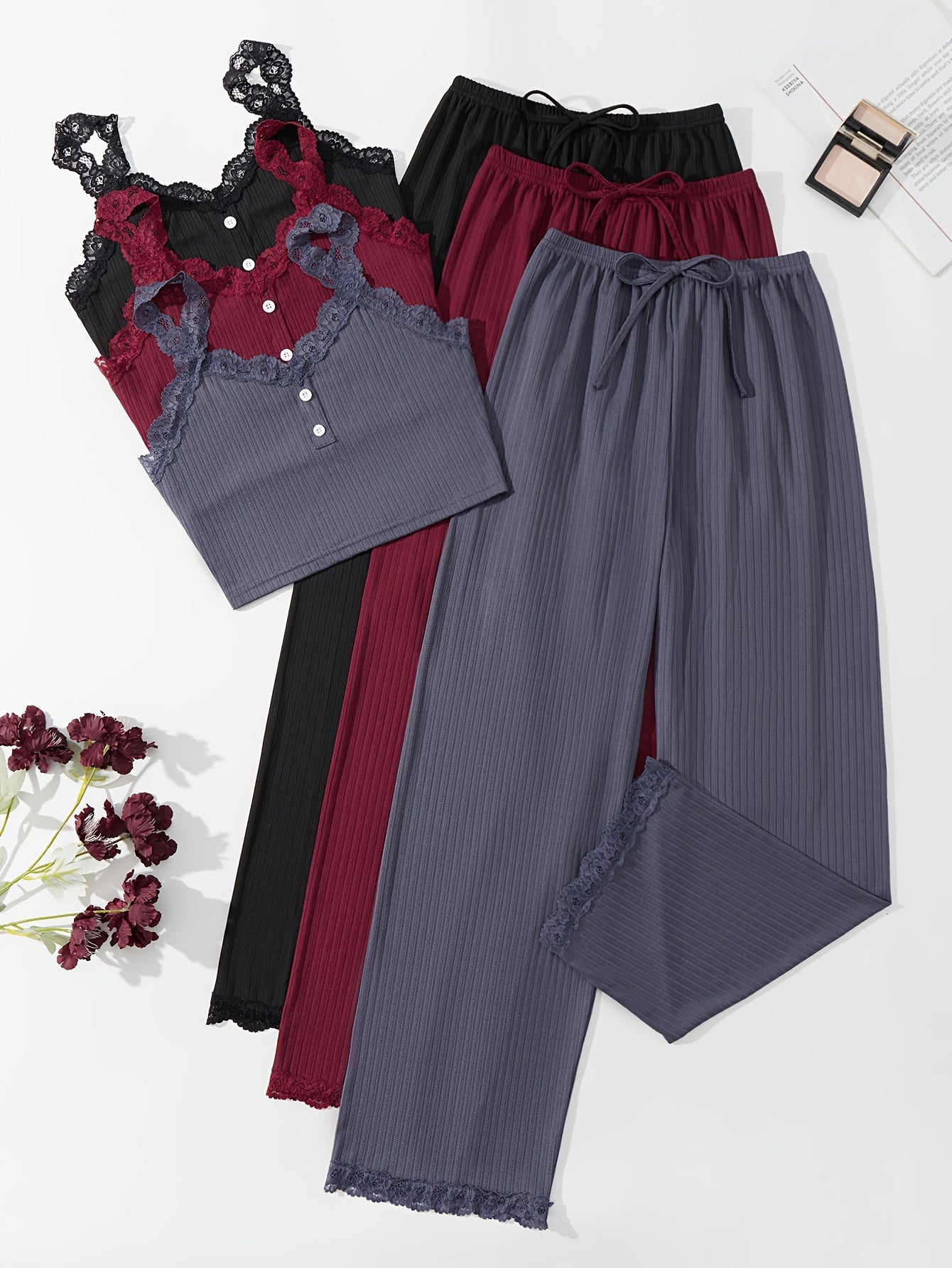 Lace Trim Lounge Set V Neck Cami Top & Elastic Waistband Pants