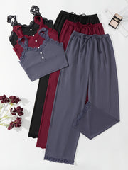 Lace Trim Lounge Set V Neck Cami Top & Elastic Waistband Pants