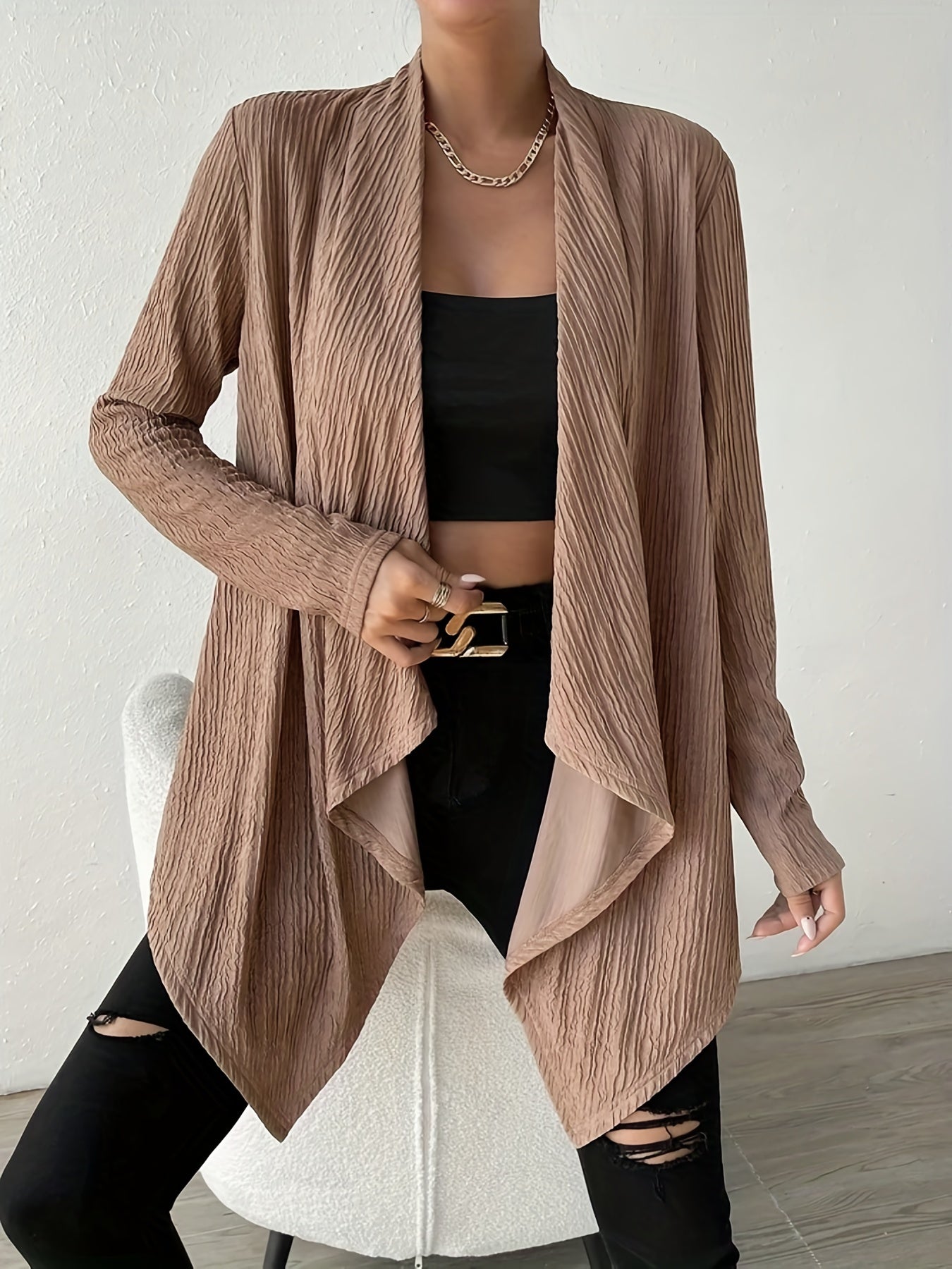 Solid Long Sleeve Open Front Cardigan