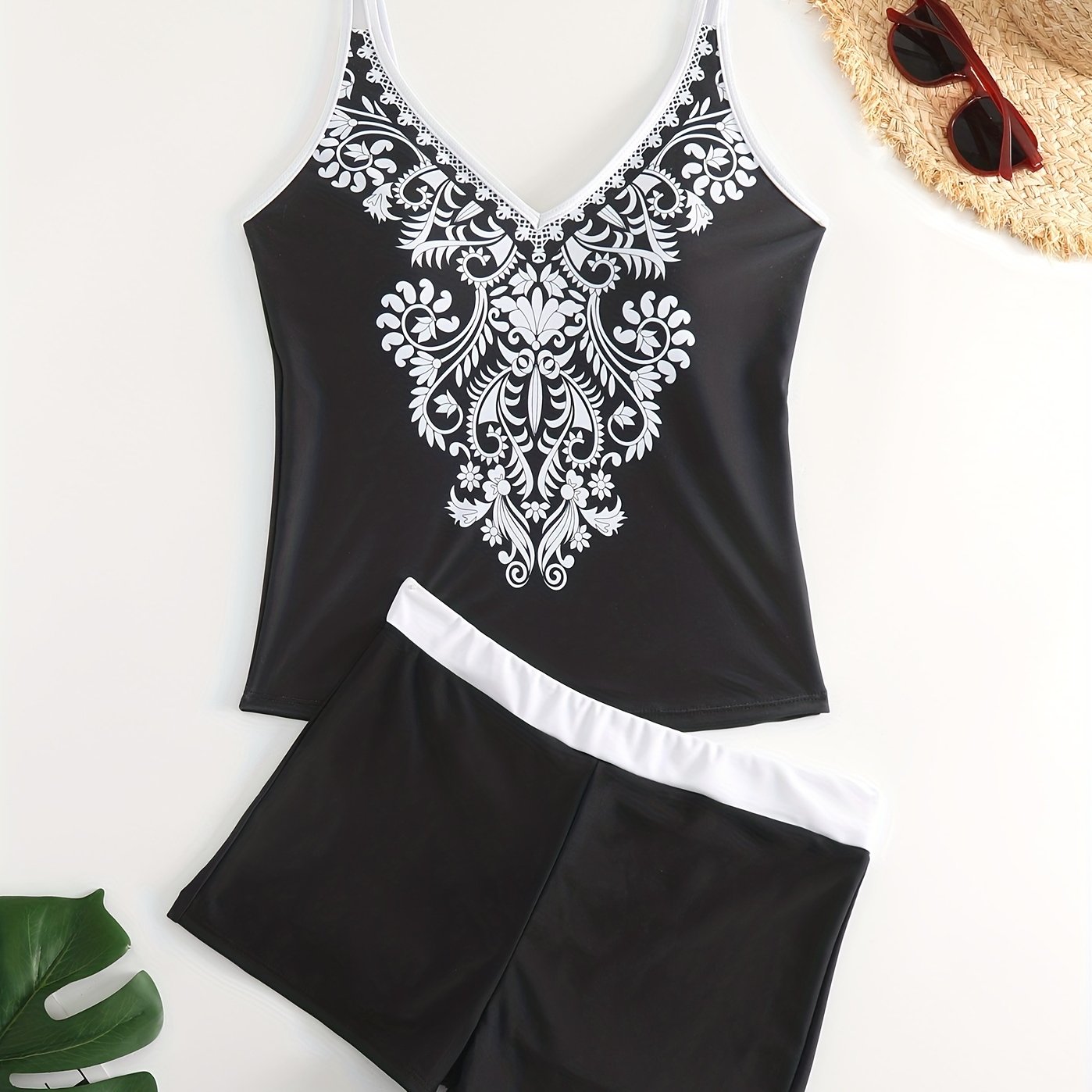 Plus Floral Print Boho Tankini Set Women's Plus Size Cami Top & Shorts 2 Piece